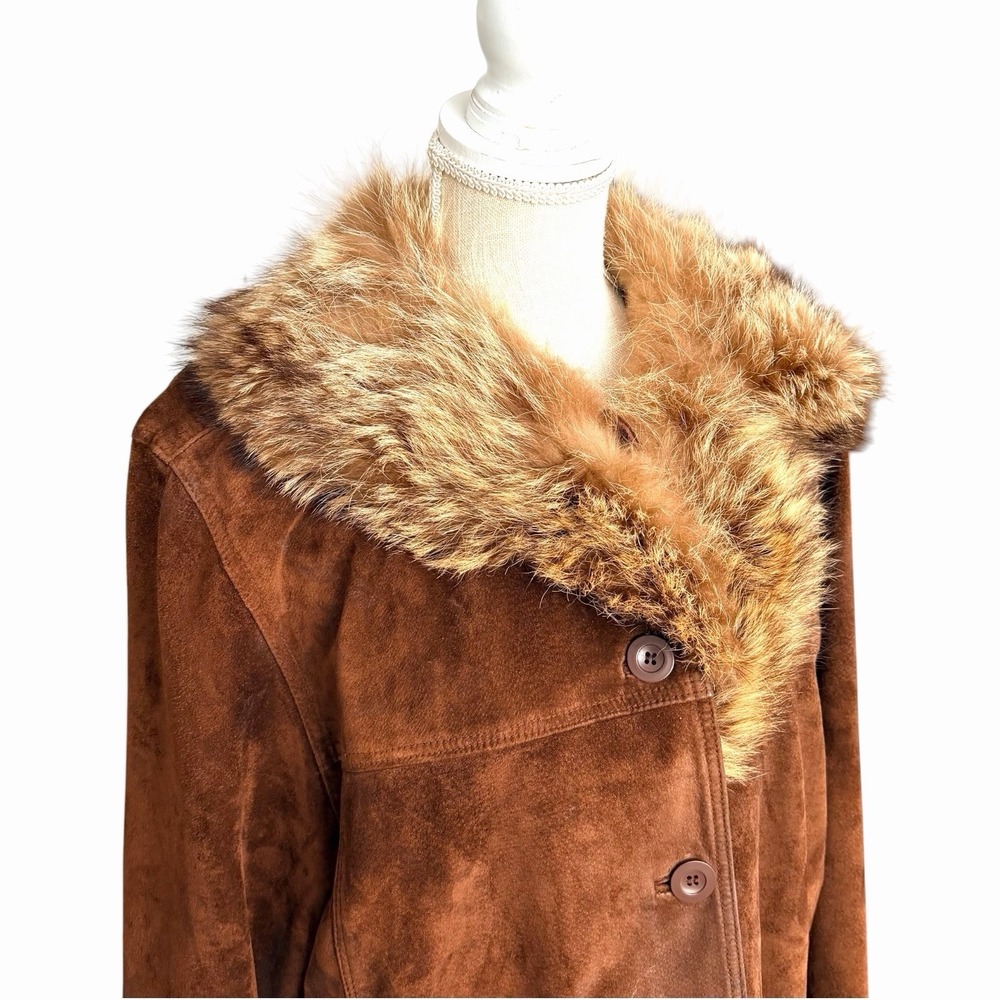 St. John's Bay Women's Large Brown Suede Leather Coat Faux Fur Collar Jacket